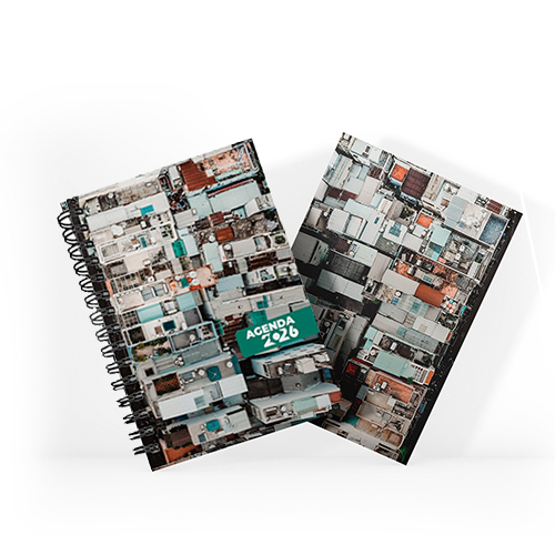 Agenda 2026 tamanho 15x21cm com capa dura em papel empastada com cartão e debrú laminação Prolan, lombada quadrada ou wire-o  e miolo pronto
